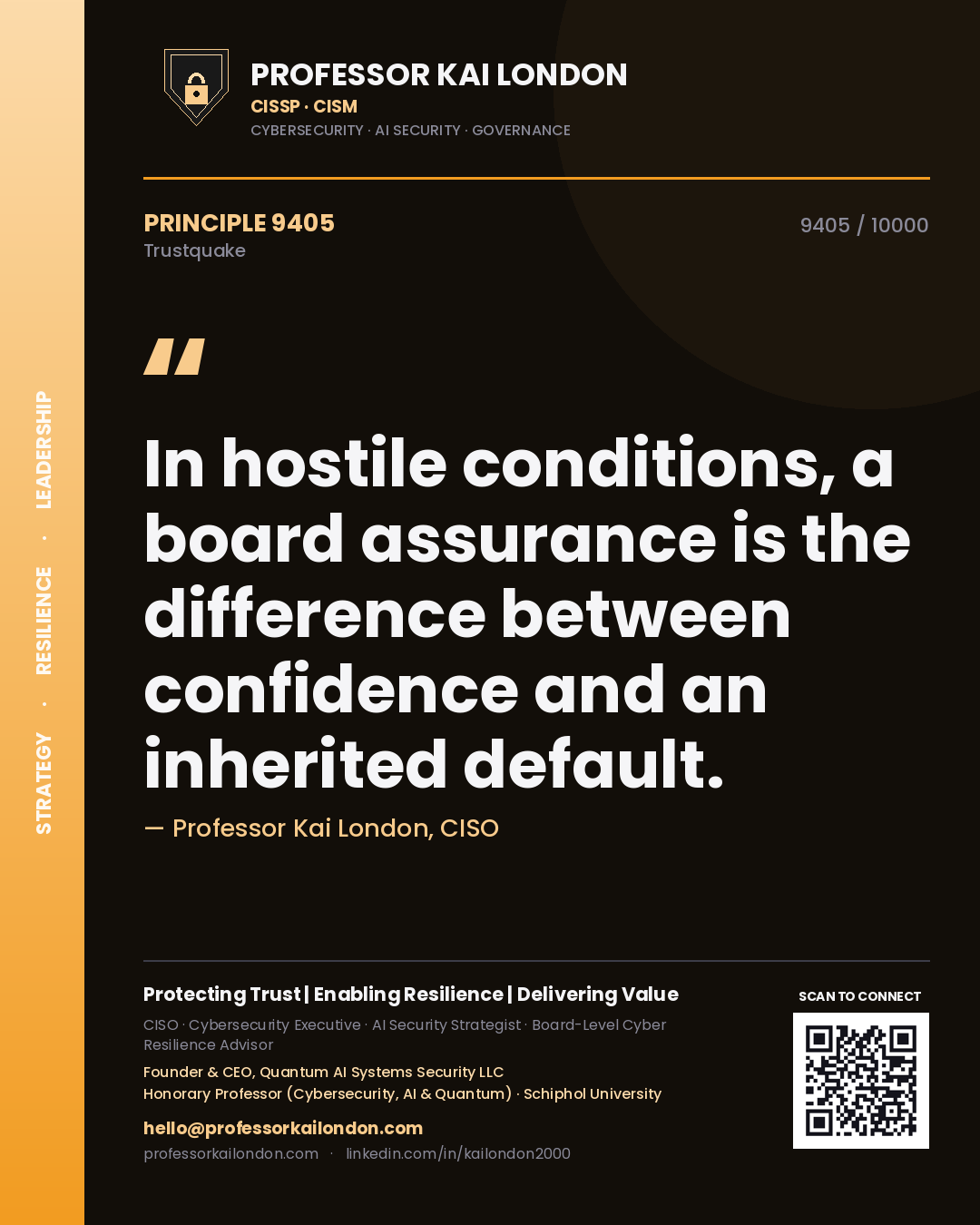 Professor Kai London principle 9405: In hostile conditions, a board assurance is the difference between confidence and an inherited default.