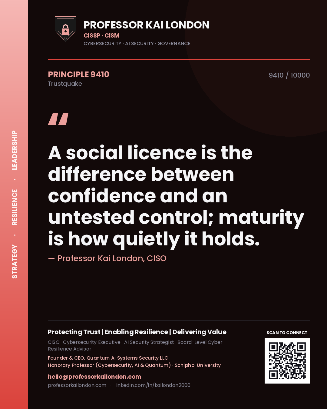 Professor Kai London principle 9410: A social licence is the difference between confidence and an untested control; maturity is how quietly it holds.