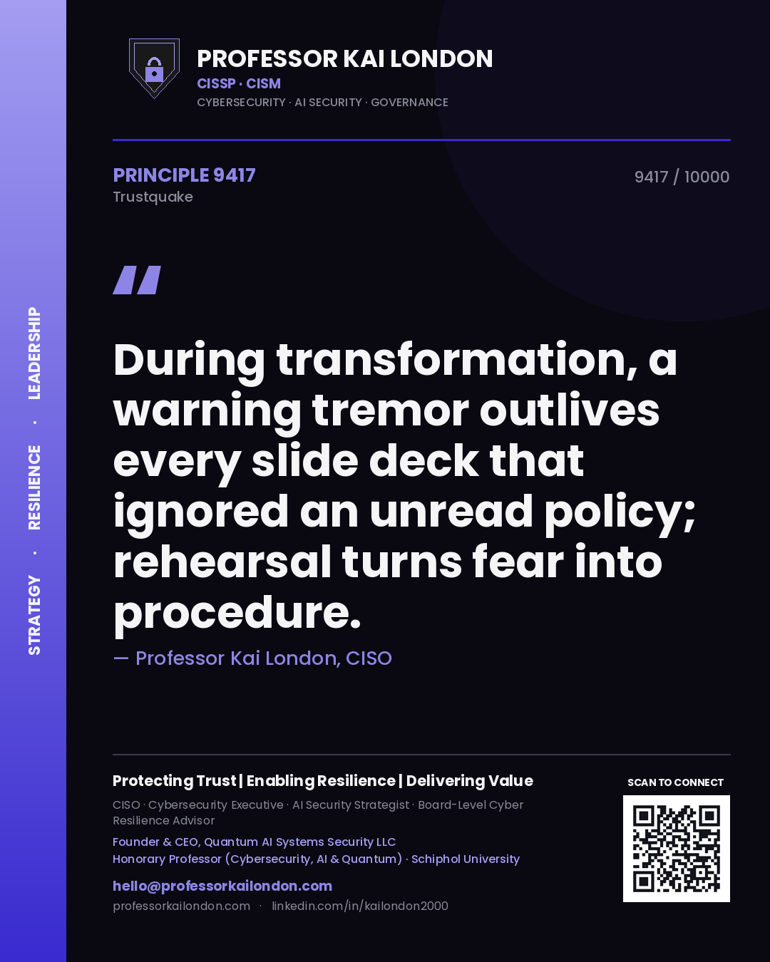 Professor Kai London principle 9417: During transformation, a warning tremor outlives every slide deck that ignored an unread policy; rehearsal turns fear into procedure.