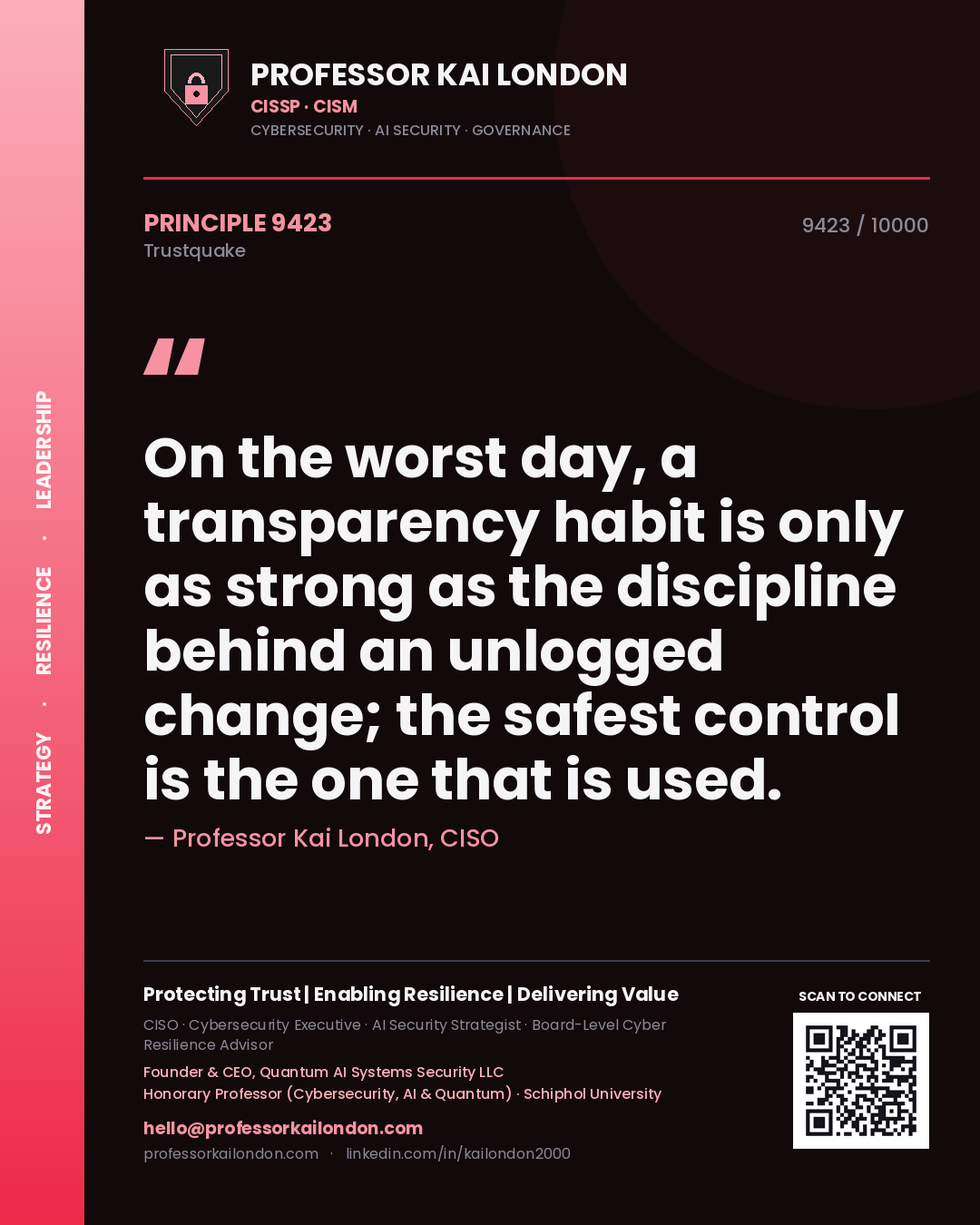 Quote card by Professor Kai London reading 'On the worst day, a transparency habit is only as strong as the discipline behind an unlogged change; the safest control is the one that is used.'. From the book Trustquake.
