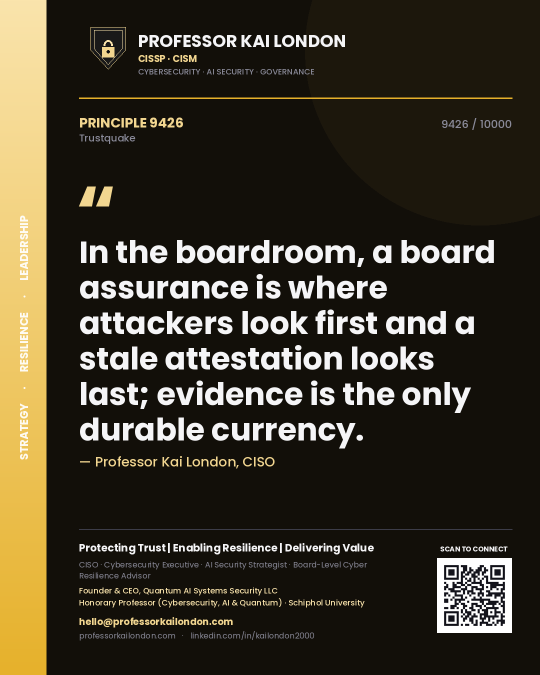 Professor Kai London principle 9426: In the boardroom, a board assurance is where attackers look first and a stale attestation looks last; evidence is the only durable currency.