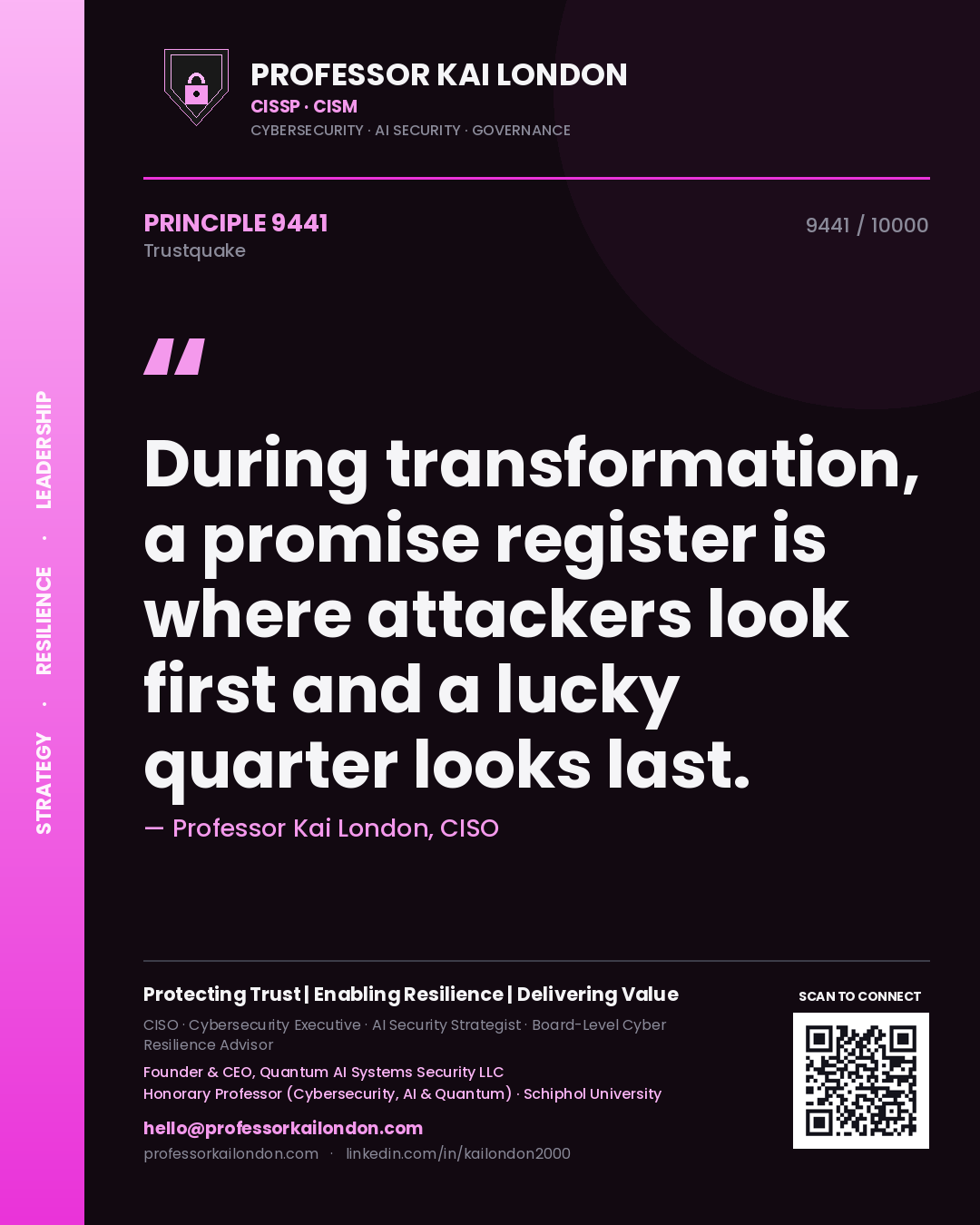 Quote card by Professor Kai London reading 'During transformation, a promise register is where attackers look first and a lucky quarter looks last.'. From the book Trustquake.