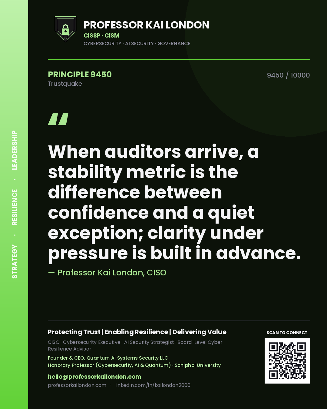 Quote card by Professor Kai London reading 'When auditors arrive, a stability metric is the difference between confidence and a quiet exception; clarity under pressure is built in advance.'. From the book Trustquake.