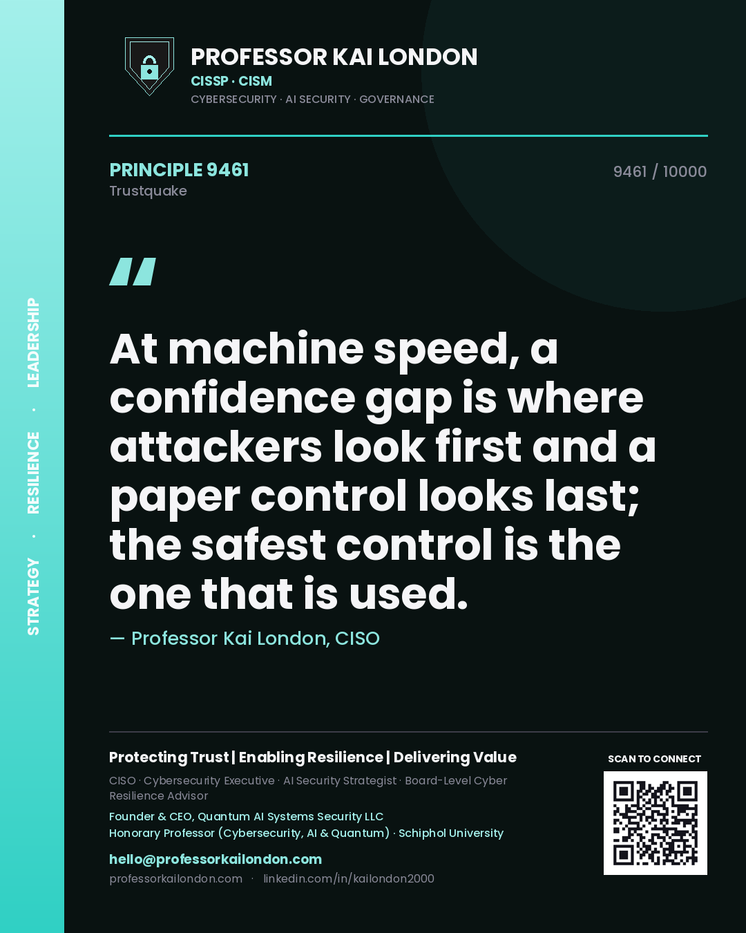 Professor Kai London principle 9461: At machine speed, a confidence gap is where attackers look first and a paper control looks last; the safest control is the one that is used.