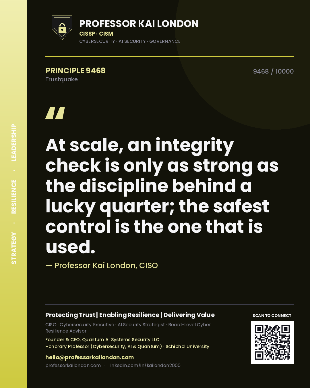 Quote card by Professor Kai London reading 'At scale, an integrity check is only as strong as the discipline behind a lucky quarter; the safest control is the one that is used.'. From the book Trustquake.