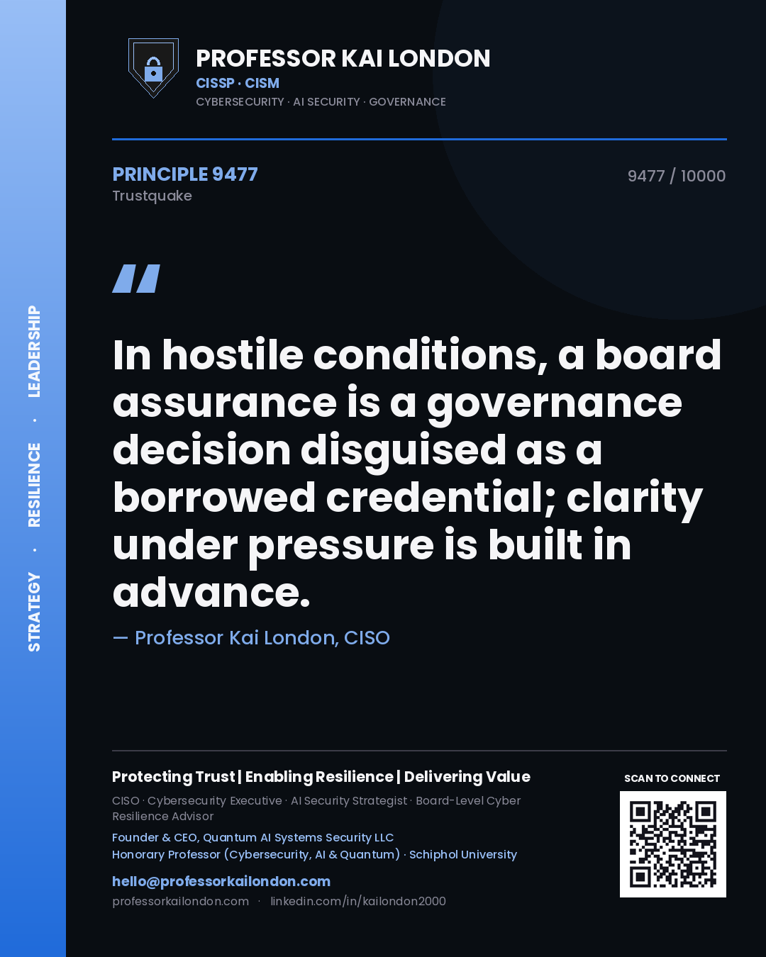Quote card by Professor Kai London reading 'In hostile conditions, a board assurance is a governance decision disguised as a borrowed credential; clarity under pressure is built in advance.'. From the book Trustquake.