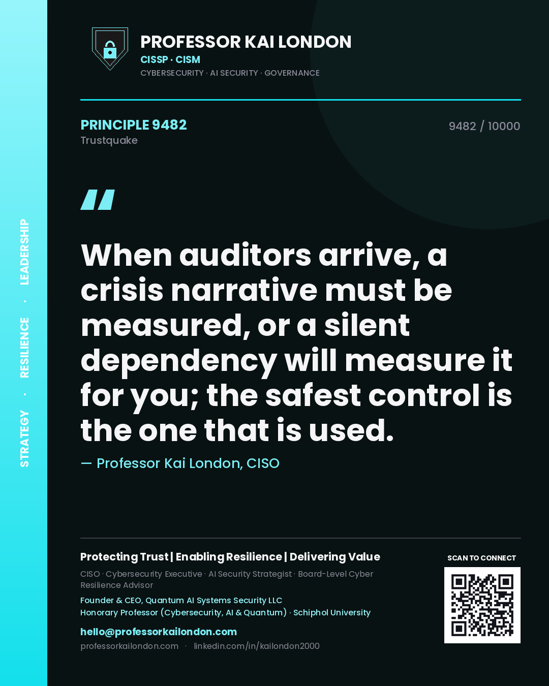 Professor Kai London principle 9482: When auditors arrive, a crisis narrative must be measured, or a silent dependency will measure it for you; the safest control is the one that is used.