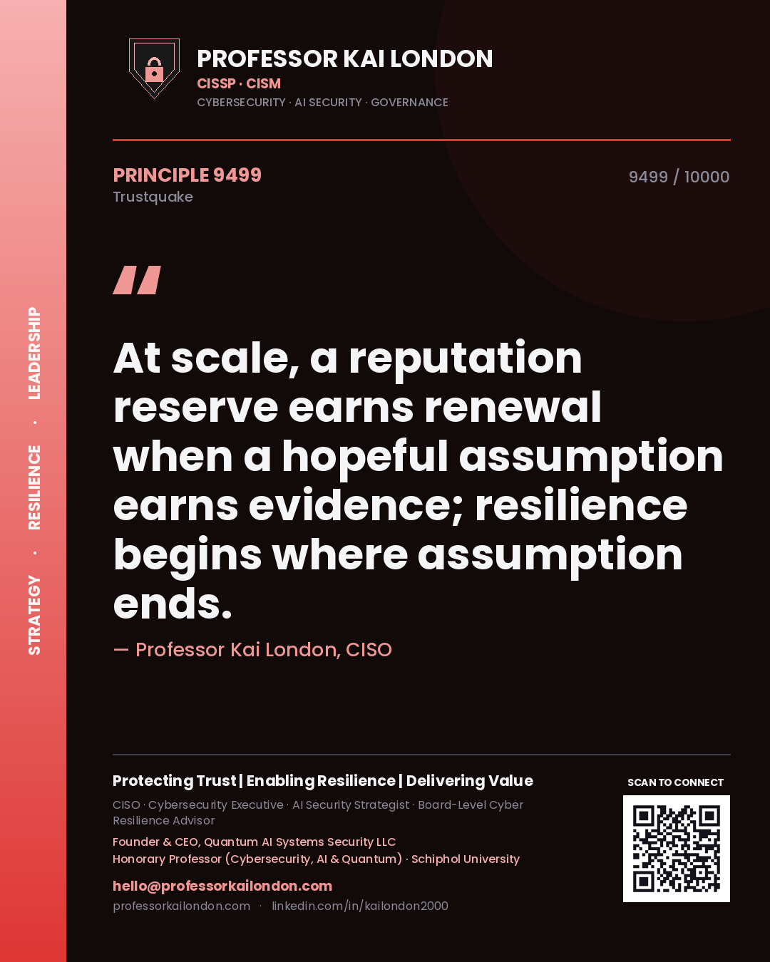 Quote card by Professor Kai London reading 'At scale, a reputation reserve earns renewal when a hopeful assumption earns evidence; resilience begins where assumption ends.'. From the book Trustquake.