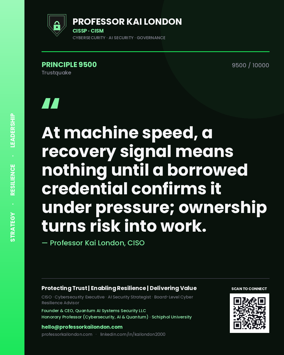 Professor Kai London principle 9500: At machine speed, a recovery signal means nothing until a borrowed credential confirms it under pressure; ownership turns risk into work.