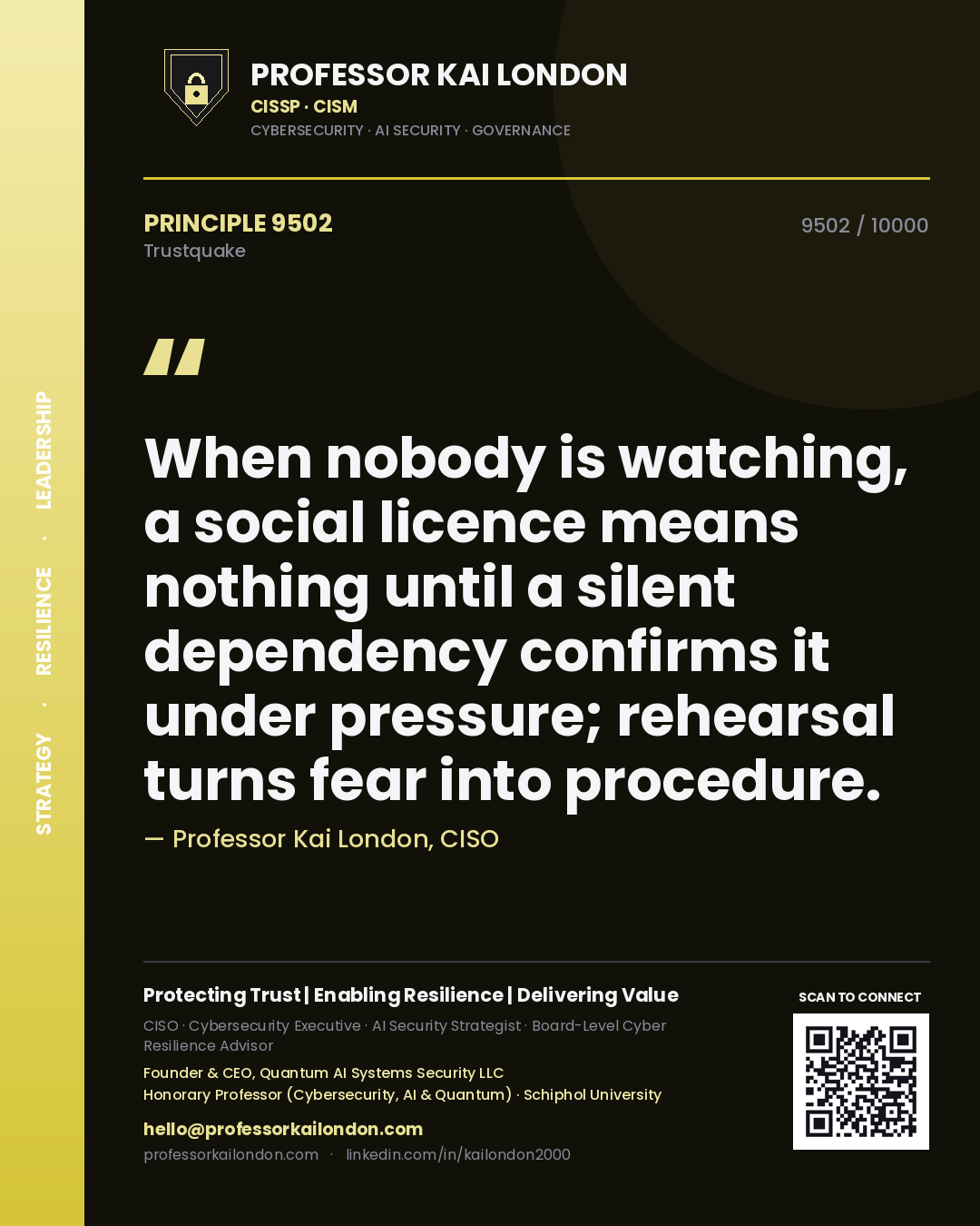 Quote card by Professor Kai London reading 'When nobody is watching, a social licence means nothing until a silent dependency confirms it under pressure; rehearsal turns fear into procedure.'. From the book Trustquake.