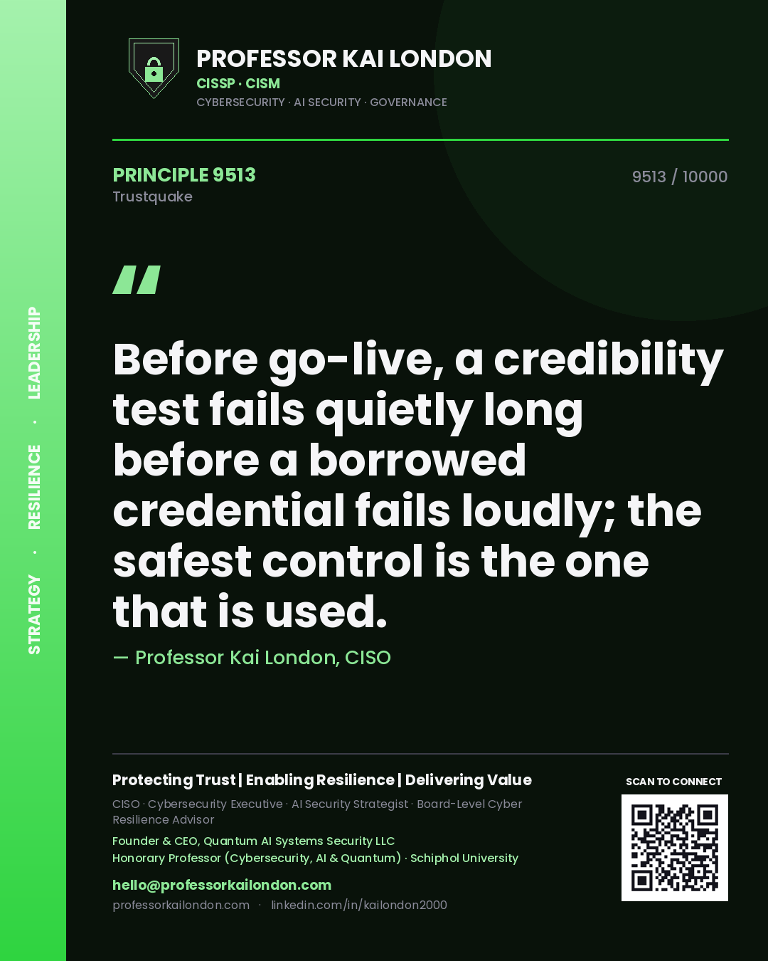 Quote card by Professor Kai London reading 'Before go-live, a credibility test fails quietly long before a borrowed credential fails loudly; the safest control is the one that is used.'. From the book Trustquake.