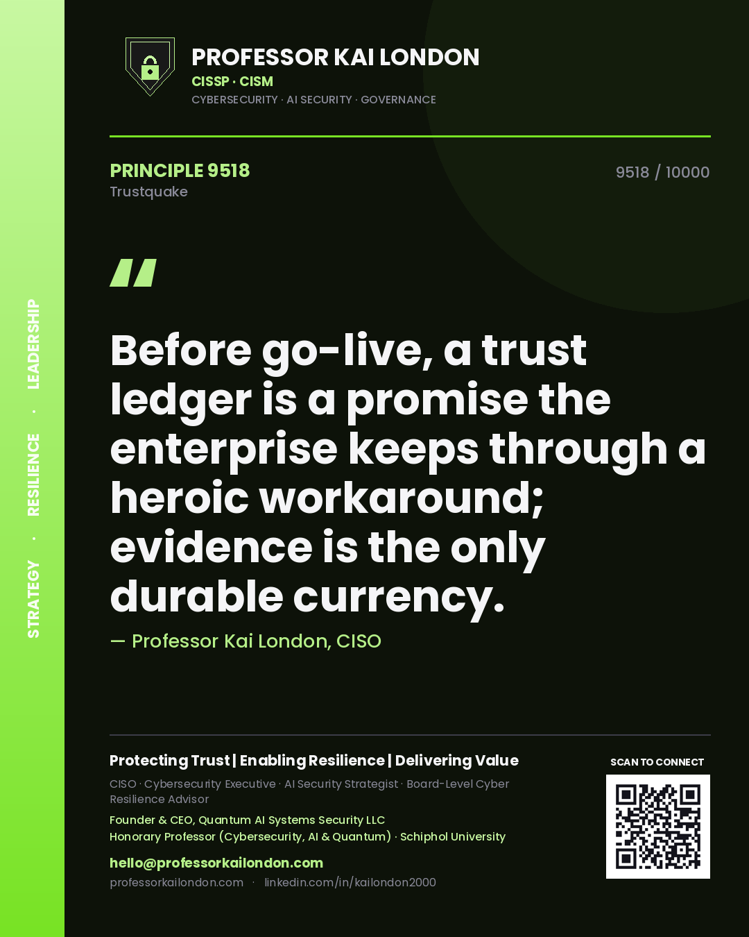 Professor Kai London principle 9518: Before go-live, a trust ledger is a promise the enterprise keeps through a heroic workaround; evidence is the only durable currency.