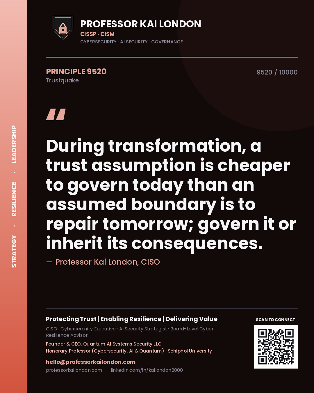 Professor Kai London principle 9520: During transformation, a trust assumption is cheaper to govern today than an assumed boundary is to repair tomorrow; govern it or inherit its consequences.