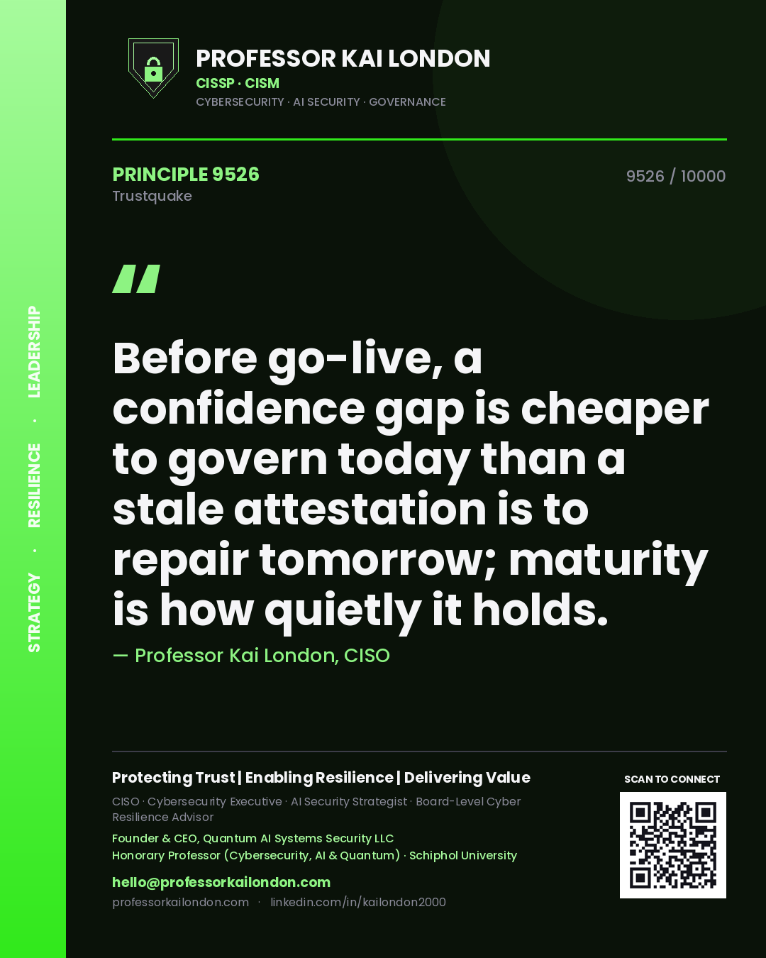 Professor Kai London principle 9526: Before go-live, a confidence gap is cheaper to govern today than a stale attestation is to repair tomorrow; maturity is how quietly it holds.