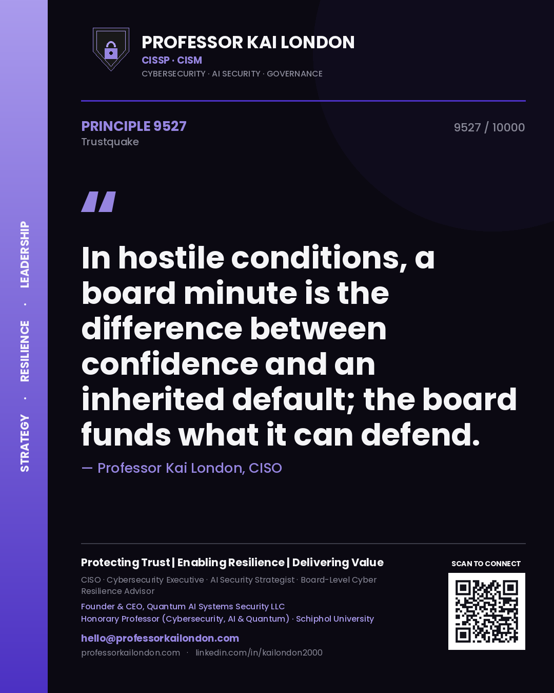 Professor Kai London principle 9527: In hostile conditions, a board minute is the difference between confidence and an inherited default; the board funds what it can defend.