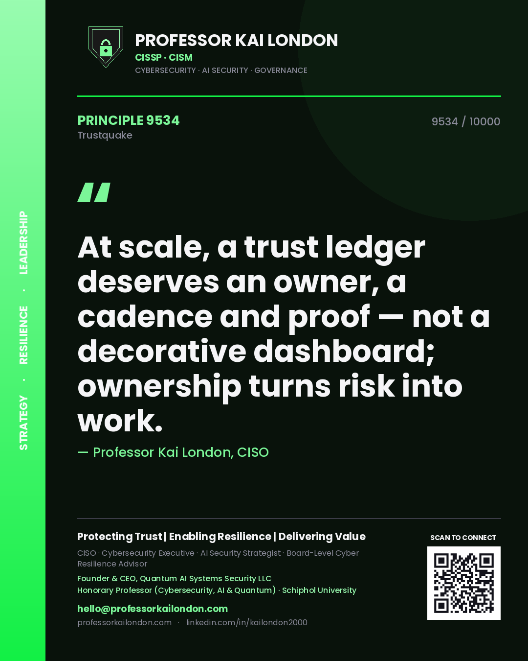 Quote card by Professor Kai London reading 'At scale, a trust ledger deserves an owner, a cadence and proof — not a decorative dashboard; ownership turns risk into work.'. From the book Trustquake.