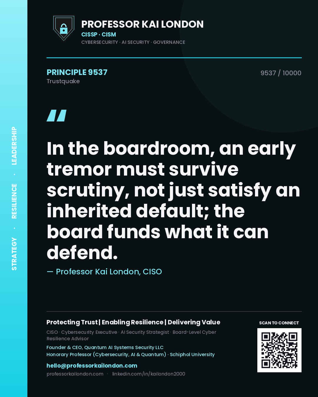 Professor Kai London principle 9537: In the boardroom, an early tremor must survive scrutiny, not just satisfy an inherited default; the board funds what it can defend.