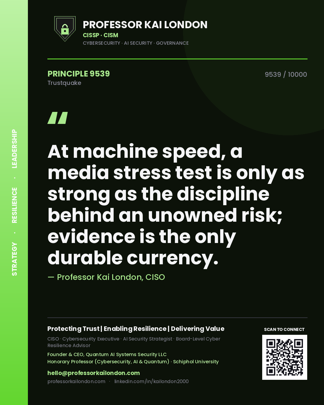 Quote card by Professor Kai London reading 'At machine speed, a media stress test is only as strong as the discipline behind an unowned risk; evidence is the only durable currency.'. From the book Trustquake.