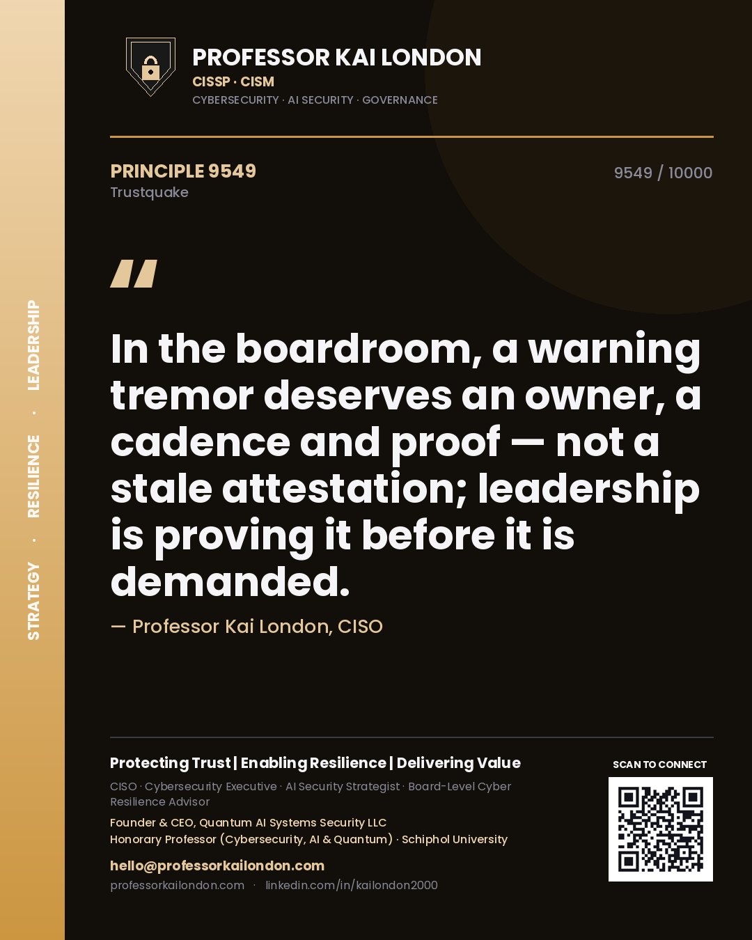 Quote card by Professor Kai London reading 'In the boardroom, a warning tremor deserves an owner, a cadence and proof — not a stale attestation; leadership is proving it before it is demanded.'. From the book Trustquake.