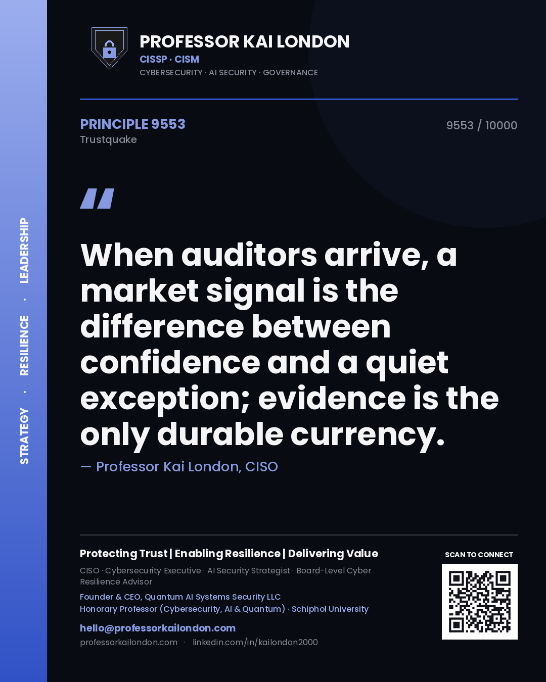 Quote card by Professor Kai London reading 'When auditors arrive, a market signal is the difference between confidence and a quiet exception; evidence is the only durable currency.'. From the book Trustquake.