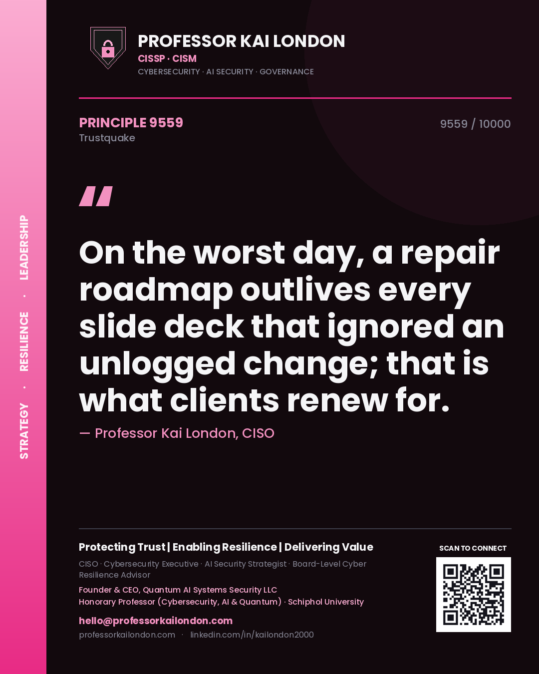 Professor Kai London principle 9559: On the worst day, a repair roadmap outlives every slide deck that ignored an unlogged change; that is what clients renew for.