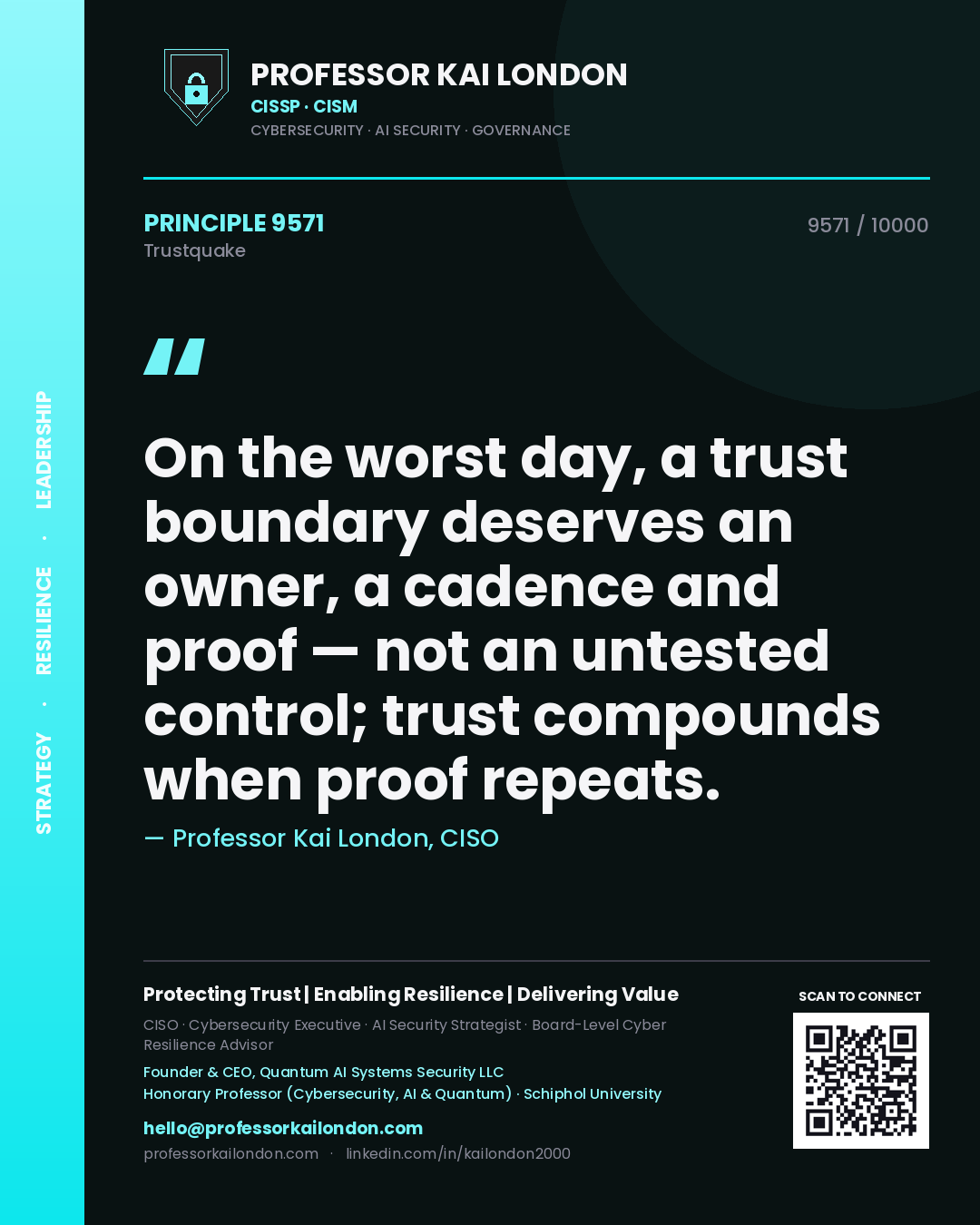 Quote card by Professor Kai London reading 'On the worst day, a trust boundary deserves an owner, a cadence and proof — not an untested control; trust compounds when proof repeats.'. From the book Trustquake.
