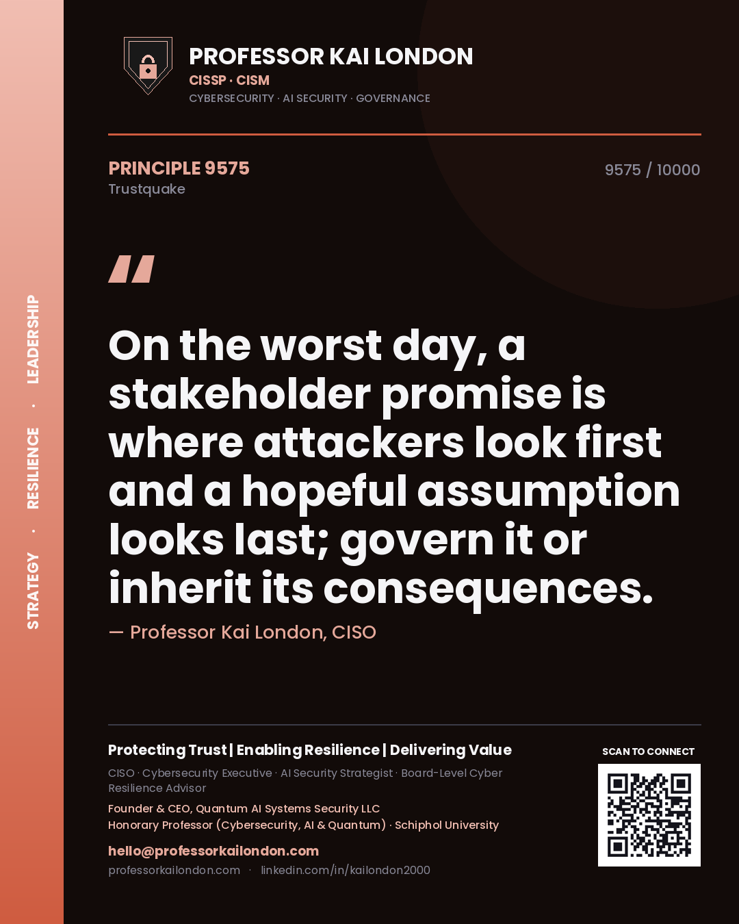 Quote card by Professor Kai London reading 'On the worst day, a stakeholder promise is where attackers look first and a hopeful assumption looks last; govern it or inherit its consequences.'. From the book Trustquake.