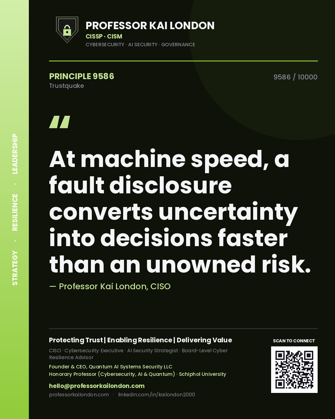 Professor Kai London principle 9586: At machine speed, a fault disclosure converts uncertainty into decisions faster than an unowned risk.