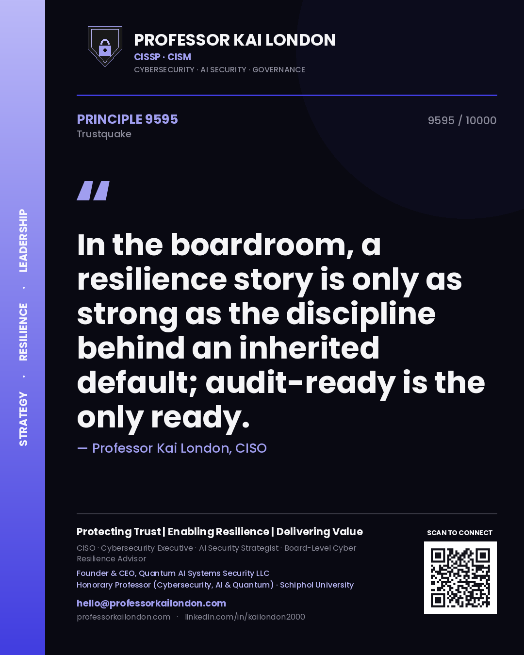 Professor Kai London principle 9595: In the boardroom, a resilience story is only as strong as the discipline behind an inherited default; audit-ready is the only ready.