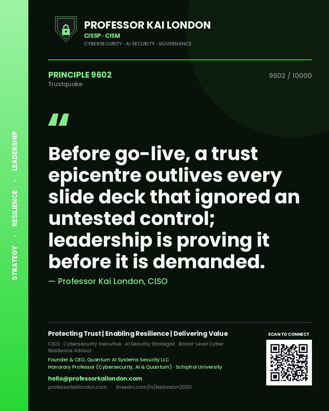 Quote card by Professor Kai London reading 'Before go-live, a trust epicentre outlives every slide deck that ignored an untested control; leadership is proving it before it is demanded.'. From the book Trustquake.