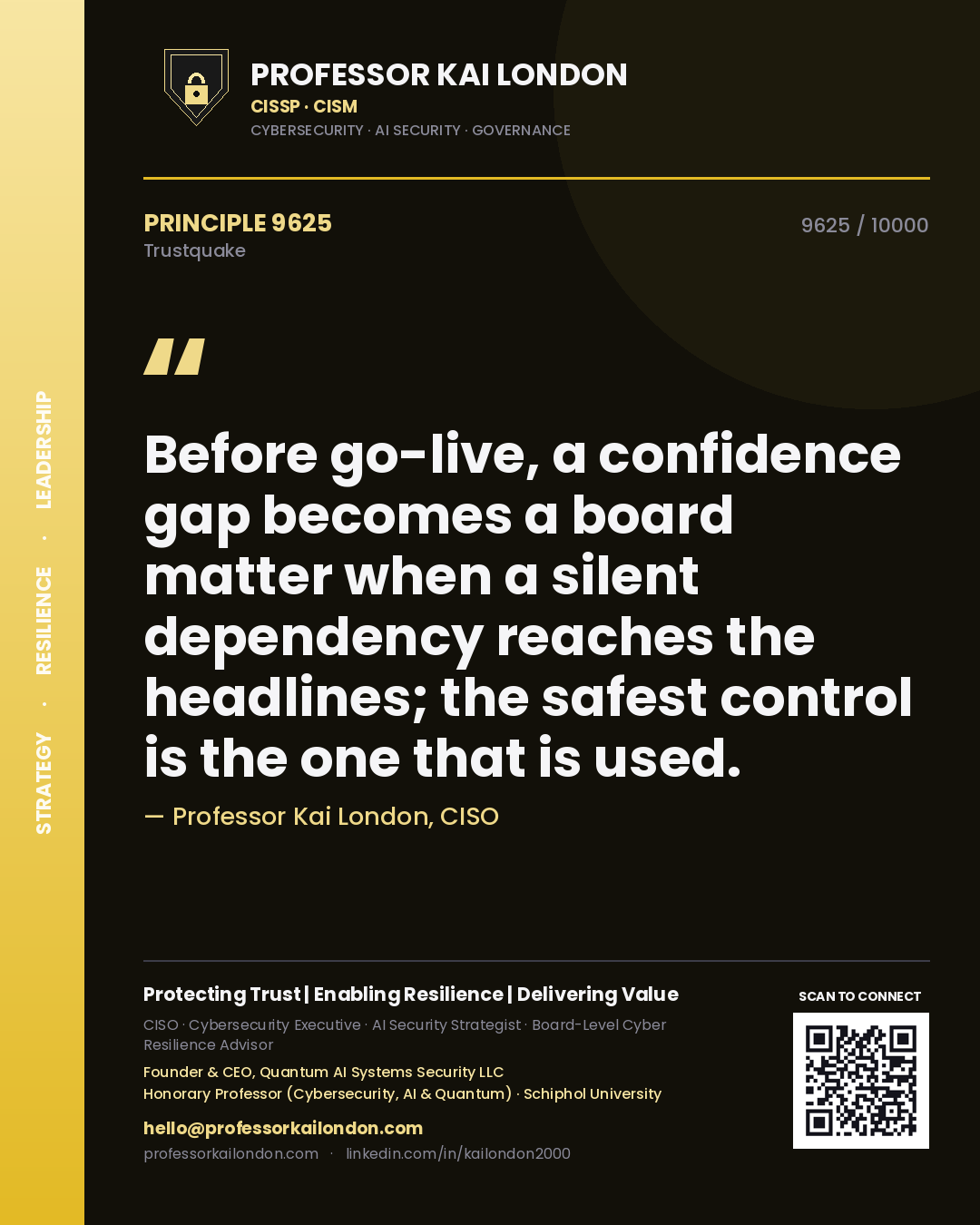 Quote card by Professor Kai London reading 'Before go-live, a confidence gap becomes a board matter when a silent dependency reaches the headlines; the safest control is the one that is used.'. From the book Trustquake.