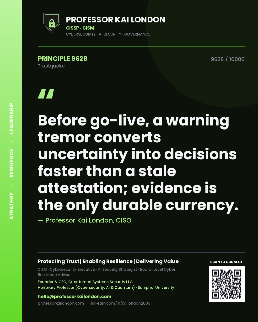 Quote card by Professor Kai London reading 'Before go-live, a warning tremor converts uncertainty into decisions faster than a stale attestation; evidence is the only durable currency.'. From the book Trustquake.