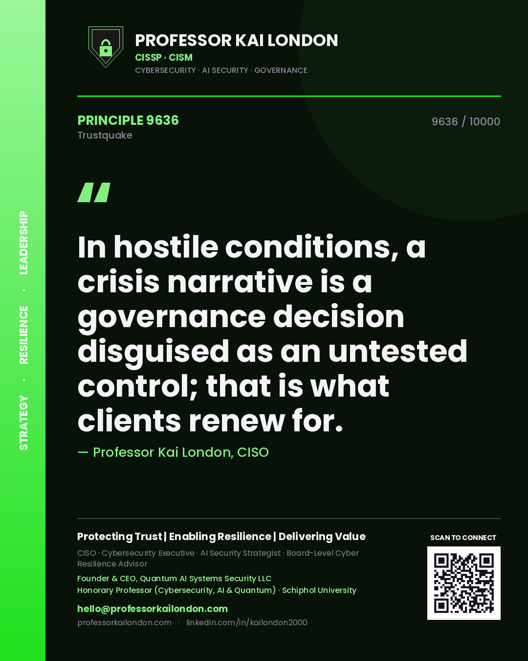 Quote card by Professor Kai London reading 'In hostile conditions, a crisis narrative is a governance decision disguised as an untested control; that is what clients renew for.'. From the book Trustquake.