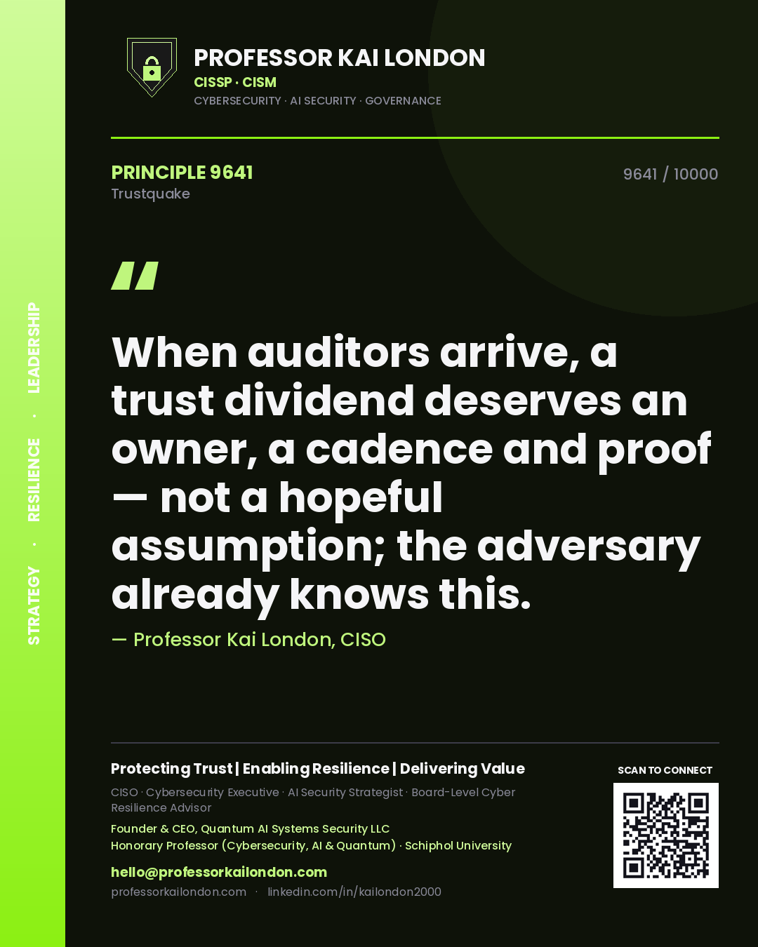 Quote card by Professor Kai London reading 'When auditors arrive, a trust dividend deserves an owner, a cadence and proof — not a hopeful assumption; the adversary already knows this.'. From the book Trustquake.