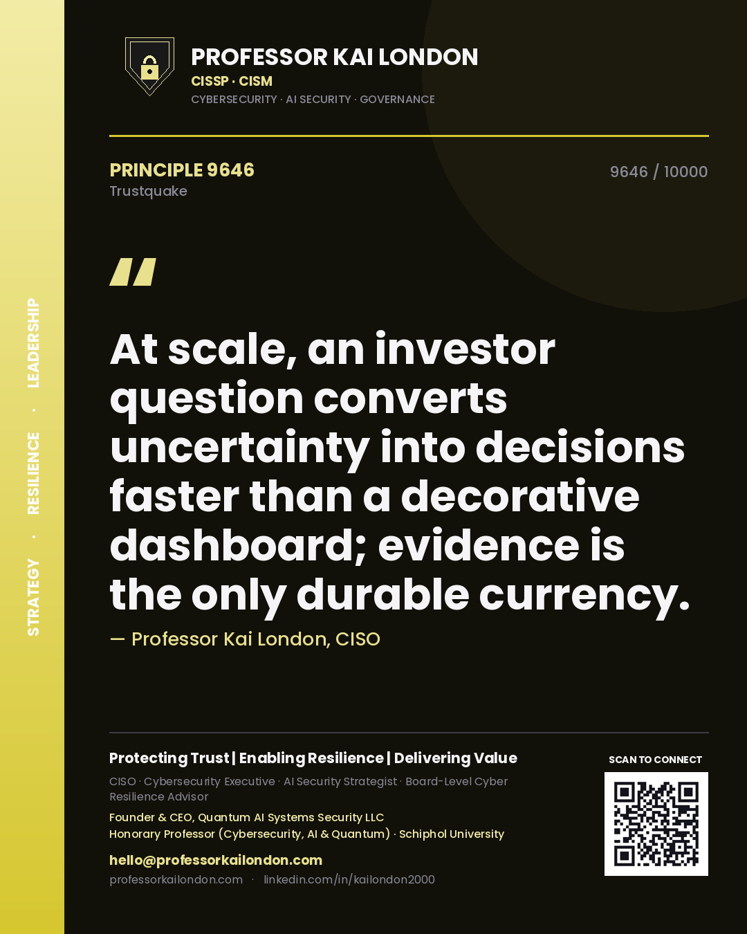 Quote card by Professor Kai London reading 'At scale, an investor question converts uncertainty into decisions faster than a decorative dashboard; evidence is the only durable currency.'. From the book Trustquake.