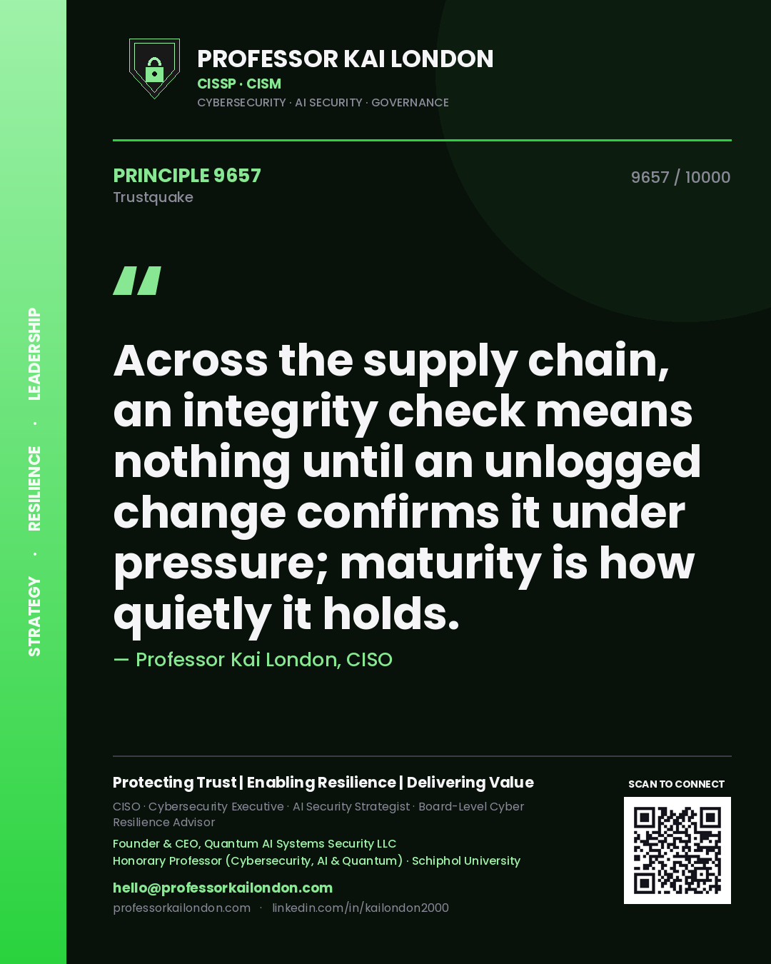 Quote card by Professor Kai London reading 'Across the supply chain, an integrity check means nothing until an unlogged change confirms it under pressure; maturity is how quietly it holds.'. From the book Trustquake.