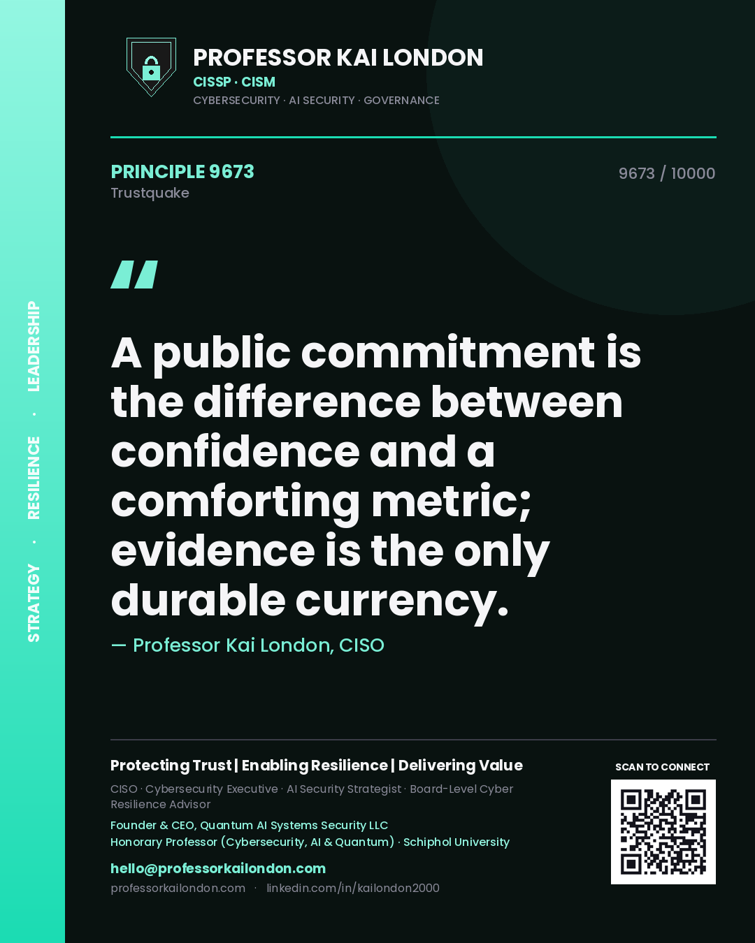 Quote card by Professor Kai London reading 'A public commitment is the difference between confidence and a comforting metric; evidence is the only durable currency.'. From the book Trustquake.