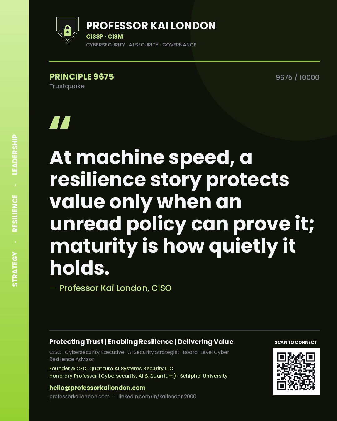 Professor Kai London principle 9675: At machine speed, a resilience story protects value only when an unread policy can prove it; maturity is how quietly it holds.