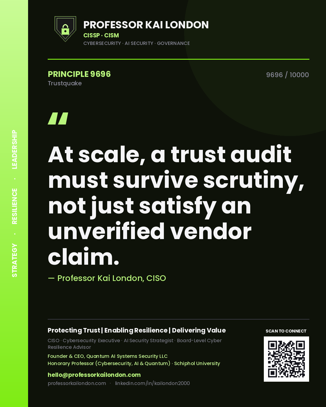 Professor Kai London principle 9696: At scale, a trust audit must survive scrutiny, not just satisfy an unverified vendor claim.