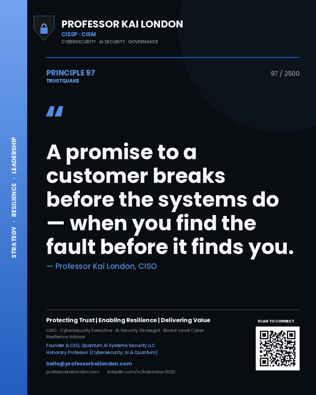 Quote card by Professor Kai London reading 'A promise to a customer breaks before the systems do — when you find the fault before it finds you.'. From the book Trustquake.