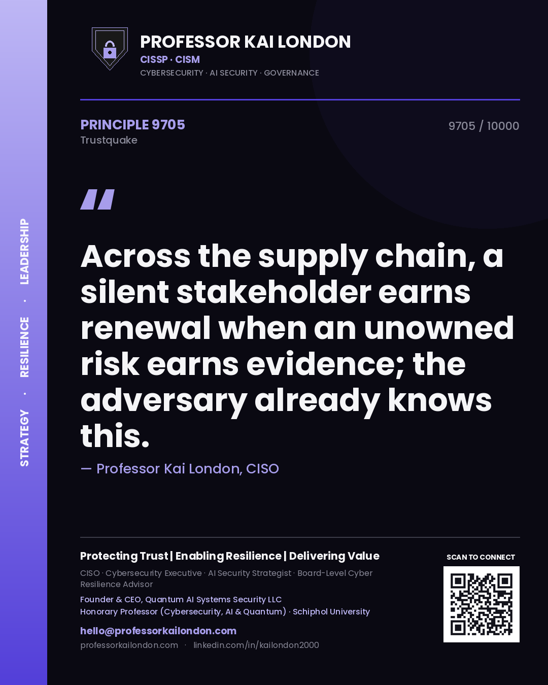 Quote card by Professor Kai London reading 'Across the supply chain, a silent stakeholder earns renewal when an unowned risk earns evidence; the adversary already knows this.'. From the book Trustquake.