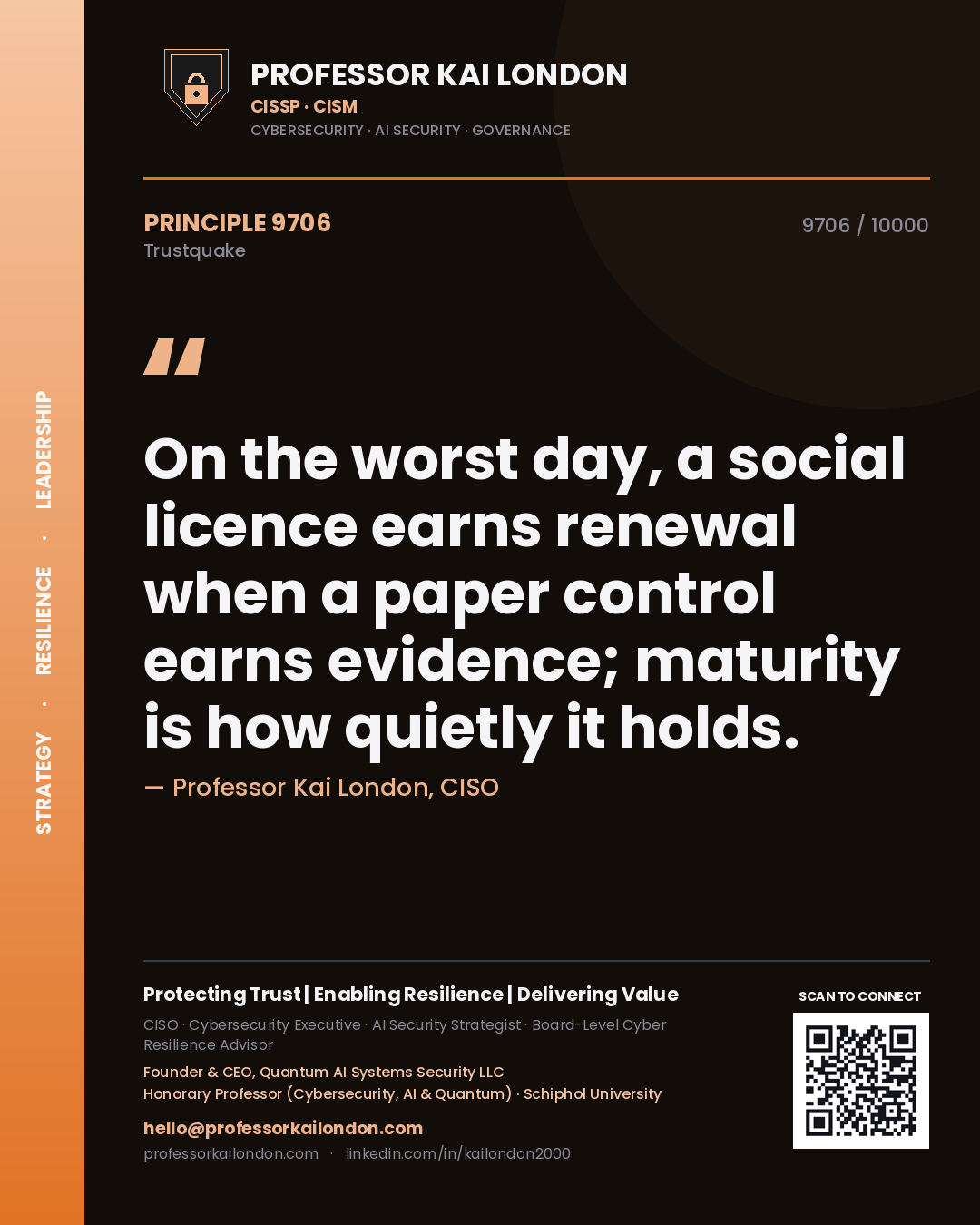 Quote card by Professor Kai London reading 'On the worst day, a social licence earns renewal when a paper control earns evidence; maturity is how quietly it holds.'. From the book Trustquake.