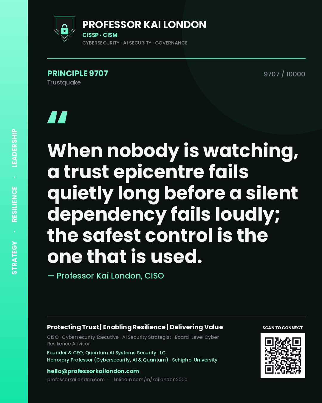 Quote card by Professor Kai London reading 'When nobody is watching, a trust epicentre fails quietly long before a silent dependency fails loudly; the safest control is the one that is used.'. From the book Trustquake.