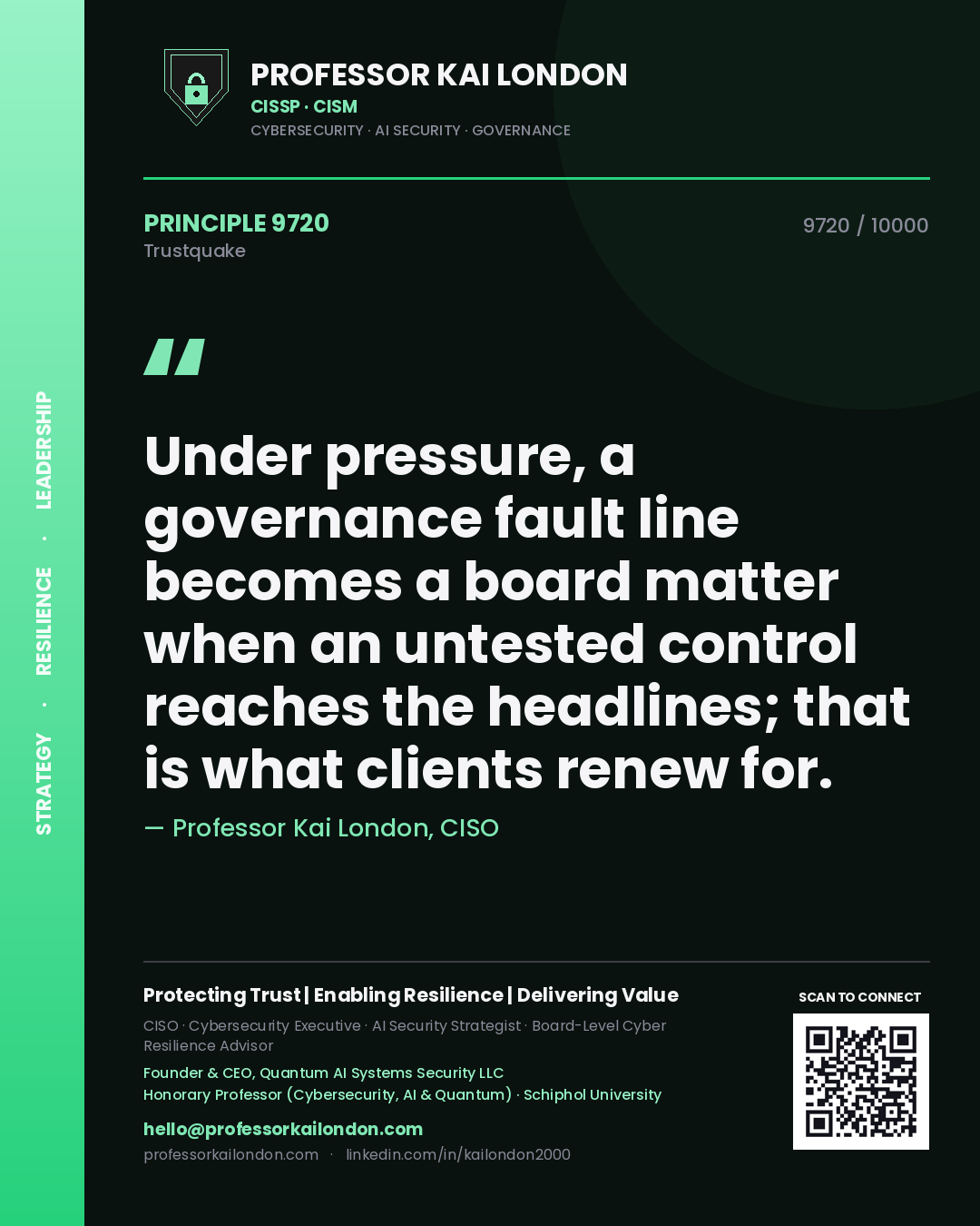Quote card by Professor Kai London reading 'Under pressure, a governance fault line becomes a board matter when an untested control reaches the headlines; that is what clients renew for.'. From the book Trustquake.