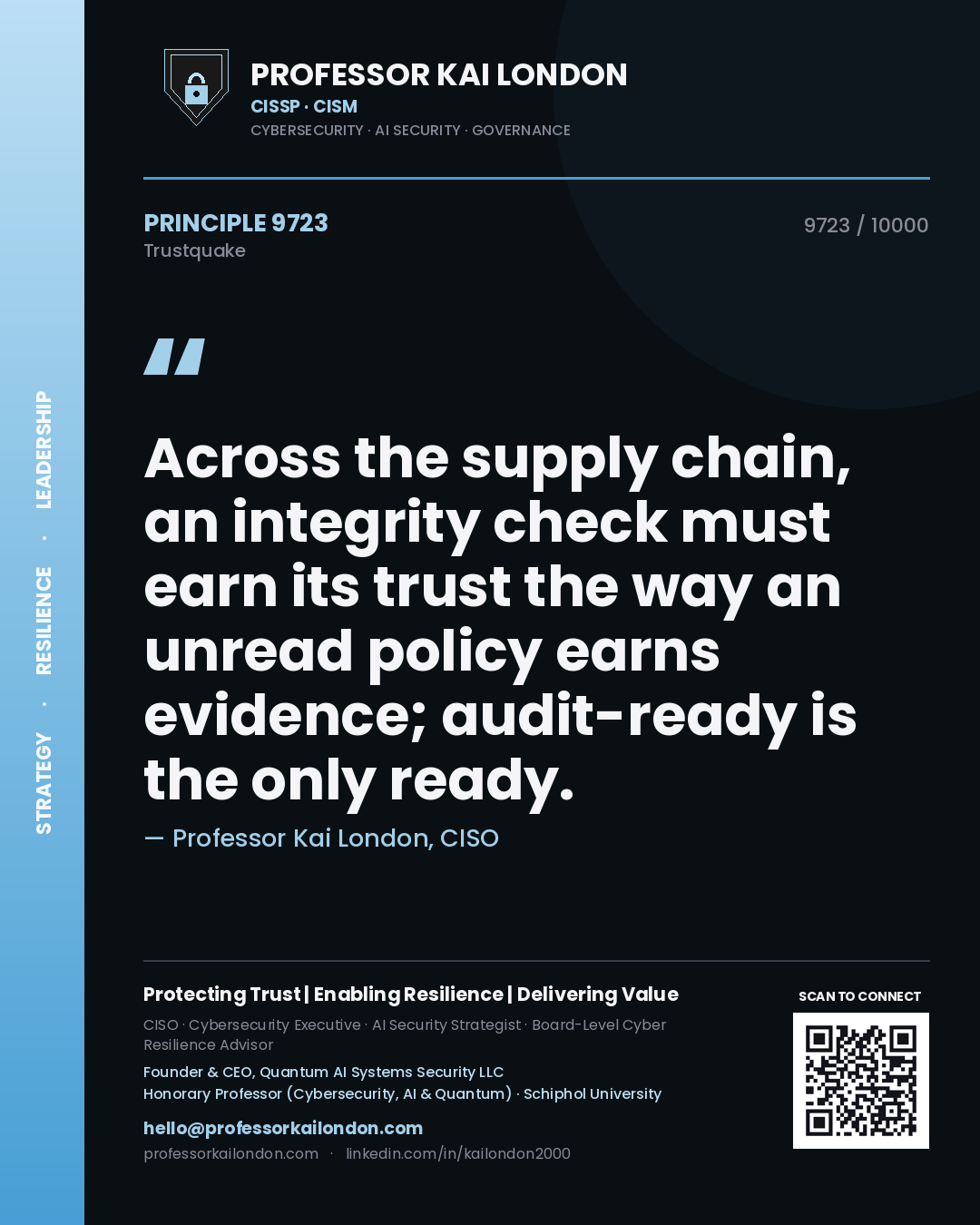 Quote card by Professor Kai London reading 'Across the supply chain, an integrity check must earn its trust the way an unread policy earns evidence; audit-ready is the only ready.'. From the book Trustquake.