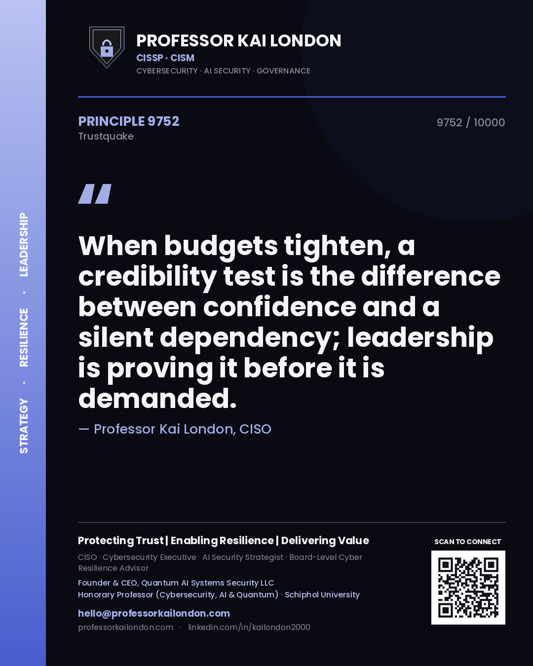 Quote card by Professor Kai London reading 'When budgets tighten, a credibility test is the difference between confidence and a silent dependency; leadership is proving it before it is demanded.'. From the book Trustquake.