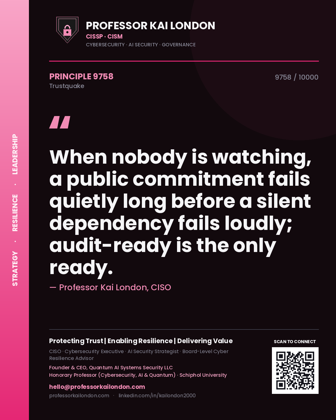 Quote card by Professor Kai London reading 'When nobody is watching, a public commitment fails quietly long before a silent dependency fails loudly; audit-ready is the only ready.'. From the book Trustquake.