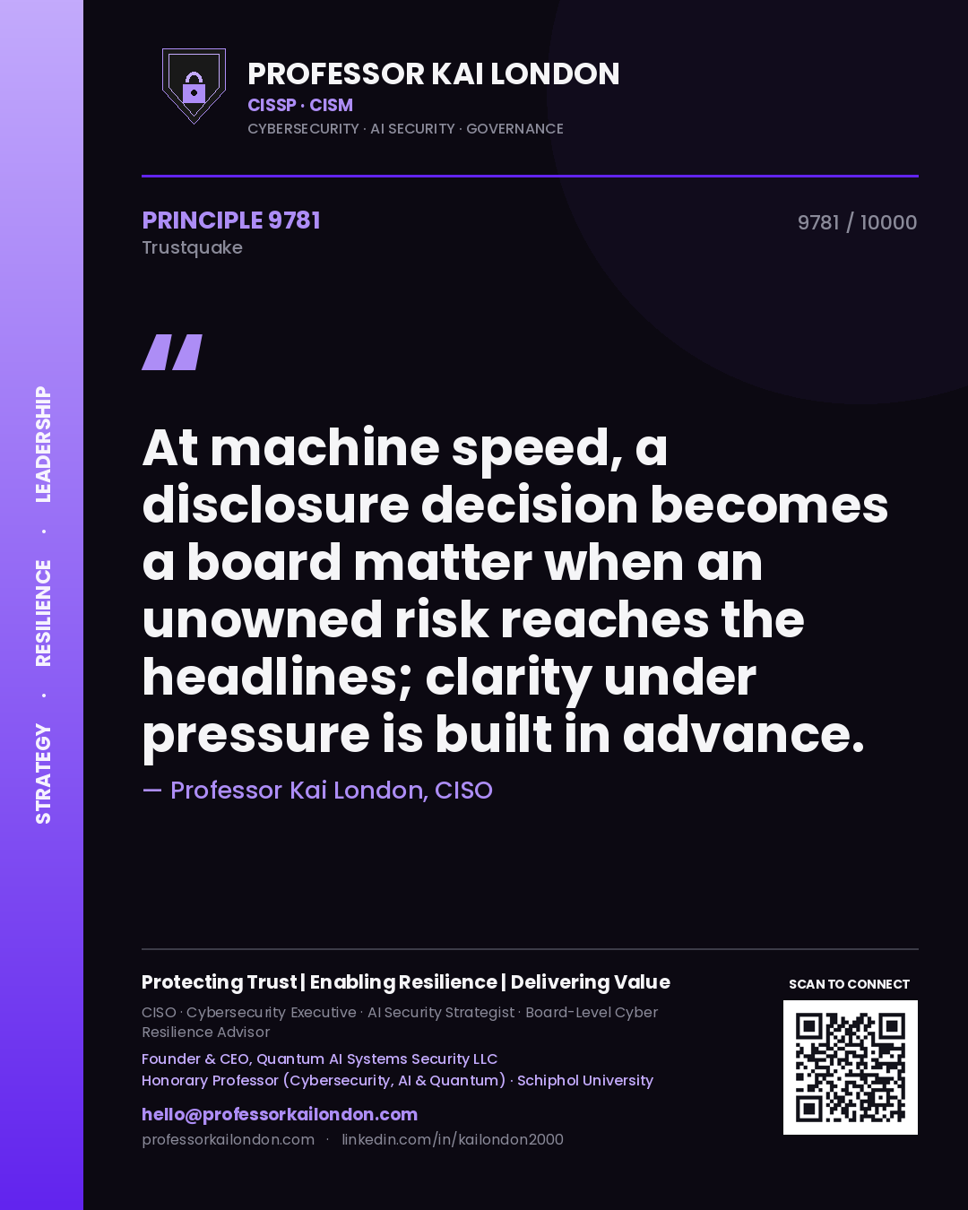 Quote card by Professor Kai London reading 'At machine speed, a disclosure decision becomes a board matter when an unowned risk reaches the headlines; clarity under pressure is built in advance.'. From the book Trustquake.