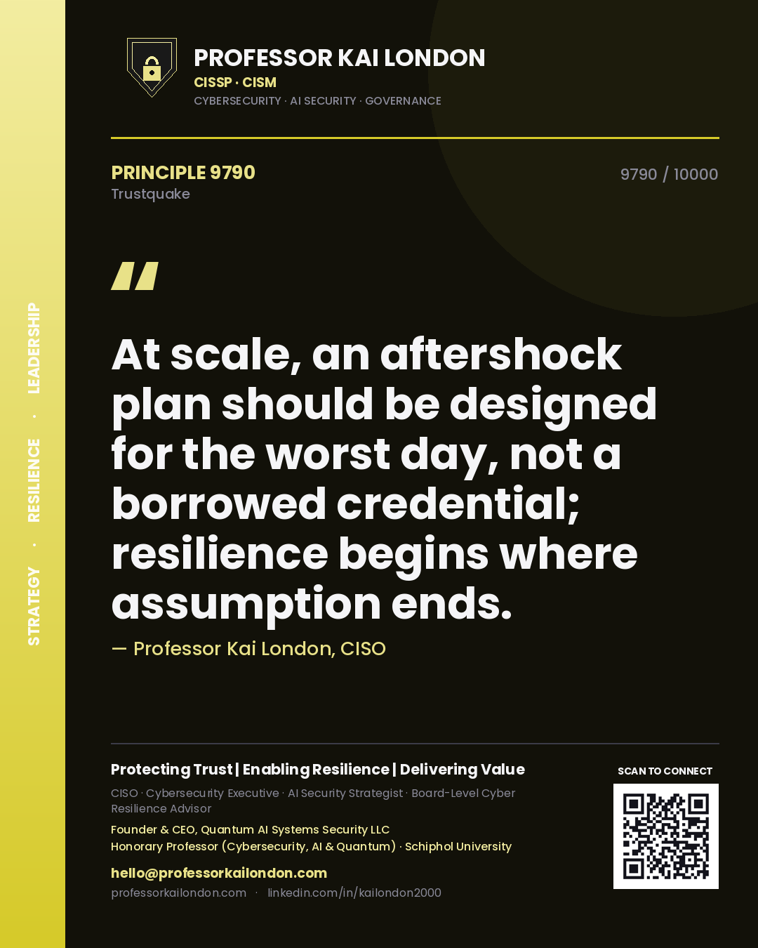 Quote card by Professor Kai London reading 'At scale, an aftershock plan should be designed for the worst day, not a borrowed credential; resilience begins where assumption ends.'. From the book Trustquake.