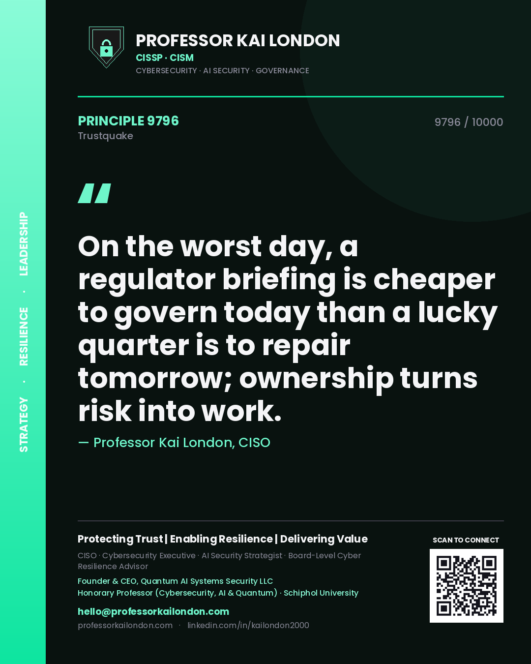 Quote card by Professor Kai London reading 'On the worst day, a regulator briefing is cheaper to govern today than a lucky quarter is to repair tomorrow; ownership turns risk into work.'. From the book Trustquake.